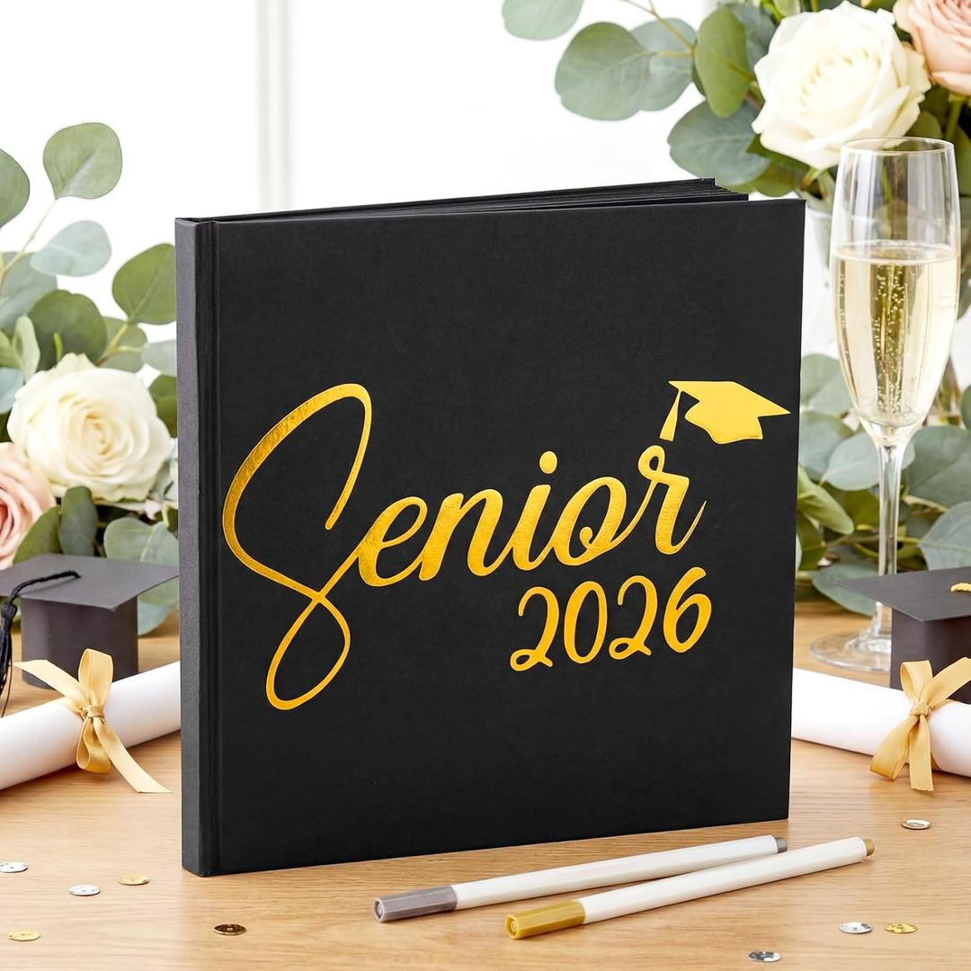 2026 Graduation Guest Book 8.7'' x 8.7" with 2 Markers Senior 2026 Scrapbook Graduates Keepsake Gift Hardcover Black Gold Foiled Photo Album Picture Book for Graduation Party Supply 144 Pages