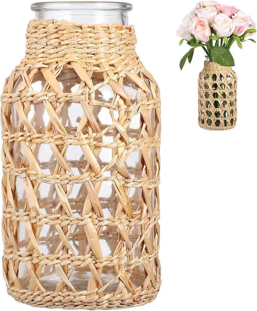 Cabilock Wicker Vase for Flowers, 6.3" Rattan Woven Glass Vase, Boho Decorative Flower Vase for Centerpieces, Small Straw Wrapped Bud Vase for Farmhouse Home Decor, Rustic Tabletop Decoration