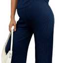 BLENCOT Maternity Clothes Ribbed Short Sleeve Maternity Pajamas Sets Sleepwear Lounge 2 Piece Matching Outfits Set (X-Large, Navy Blue)