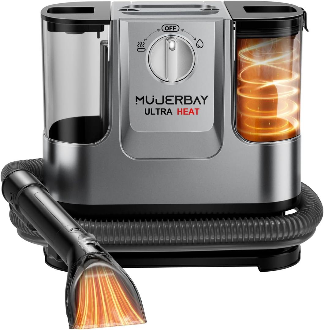 Upholstery Carpet Cleaner, MUJERBAY UltraHeat 12Kpa Portable Spot & Stain, Move with Universal Wheels & Handle, 1.18-inch Deep Cleaning Machine for Couch, Stairs, Car & Pet Messes.Silvery Black