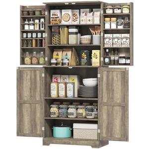HOMCOM 72" Farmhouse Kitchen Pantry Cabinet, Tall, 4 Barn Doors, Gray Wash | Freestanding Storage Cabinet, 4 Adjustable Shelves, 8 Door Shelves
