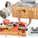 Hap Tim Wicker Picnic Basket for 4 with Mini Folding Wine Picnic Table & Large Insulated Cooler Bag & Cutlery Service Kits for 4 Person, Couples Gifts, Wedding Gifts (Y2307-4-CM)