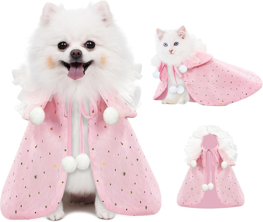 KOUPA Pet Wedding Costume for Cat Small Dogs, Sparkly Cat Clothes Tulle Cloak for Puppy Kitten, Halloween Dog Outfit Suit for Party Holiday Christmas, Pink