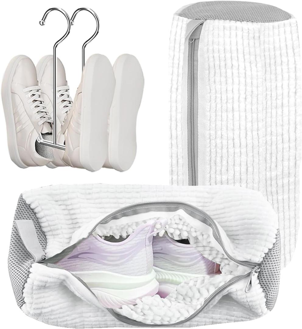 Shoe Washing Machine Bag (2 Pack) -Reusable Laundry Bag with 2 Drying Racks & 12 Cleaning Balls, Universal Fit for Sneakers, Running Shoes, Tennis, Protects Shoes from Damage -White