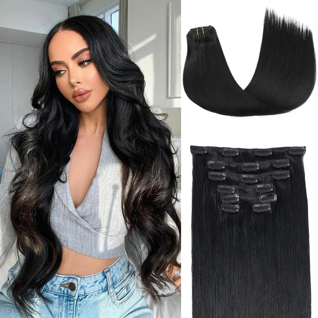 Clip in Hair Extensions Real Human Hair, Silky Straight Real Remy Human Hair Extensions Clip ins, Black Clip in Extensions for Women, 20inch 120g 7Pcs, 1# Jet Black