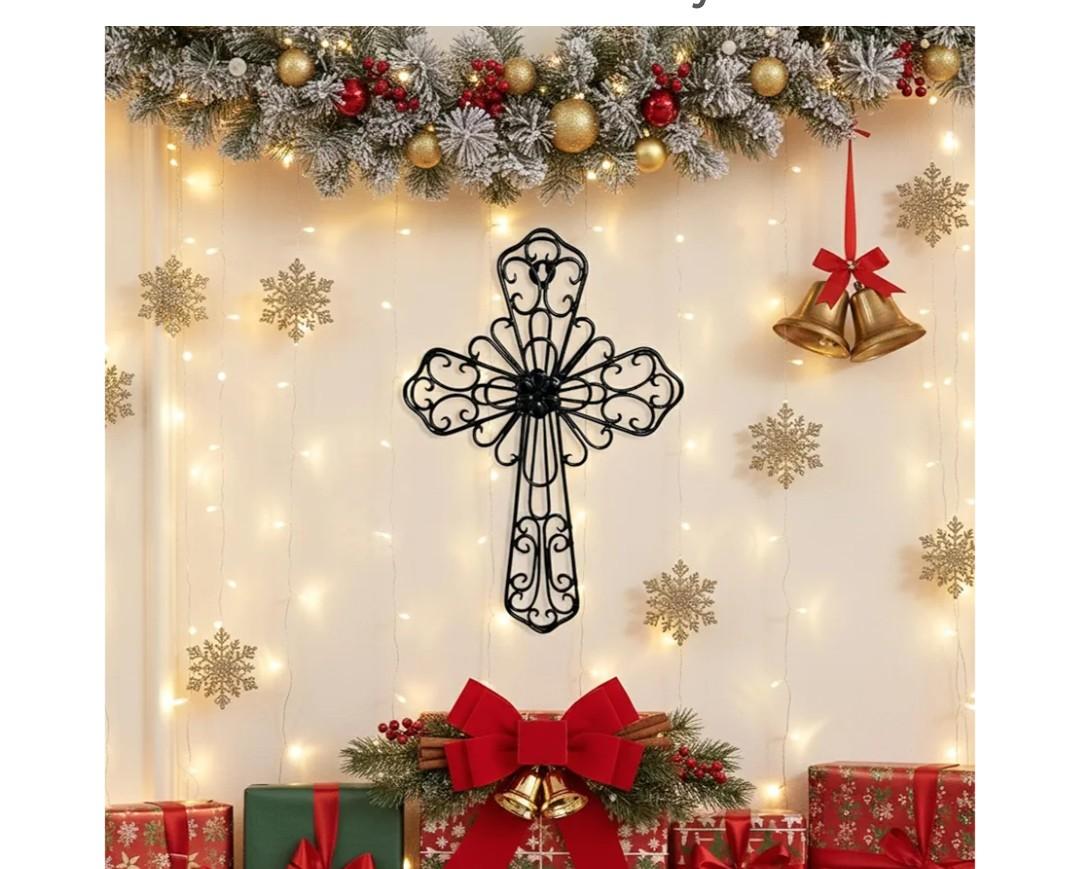 RELY+ Black Wall Cross 14X10 Inch Living Room Décor Outdoor Crucifix Wall Décor Metal Wall Art Decorative Hanging Iron Wrought Wall Décor Crosses for Rustic Indoor Home Valentine's Day Decorations
