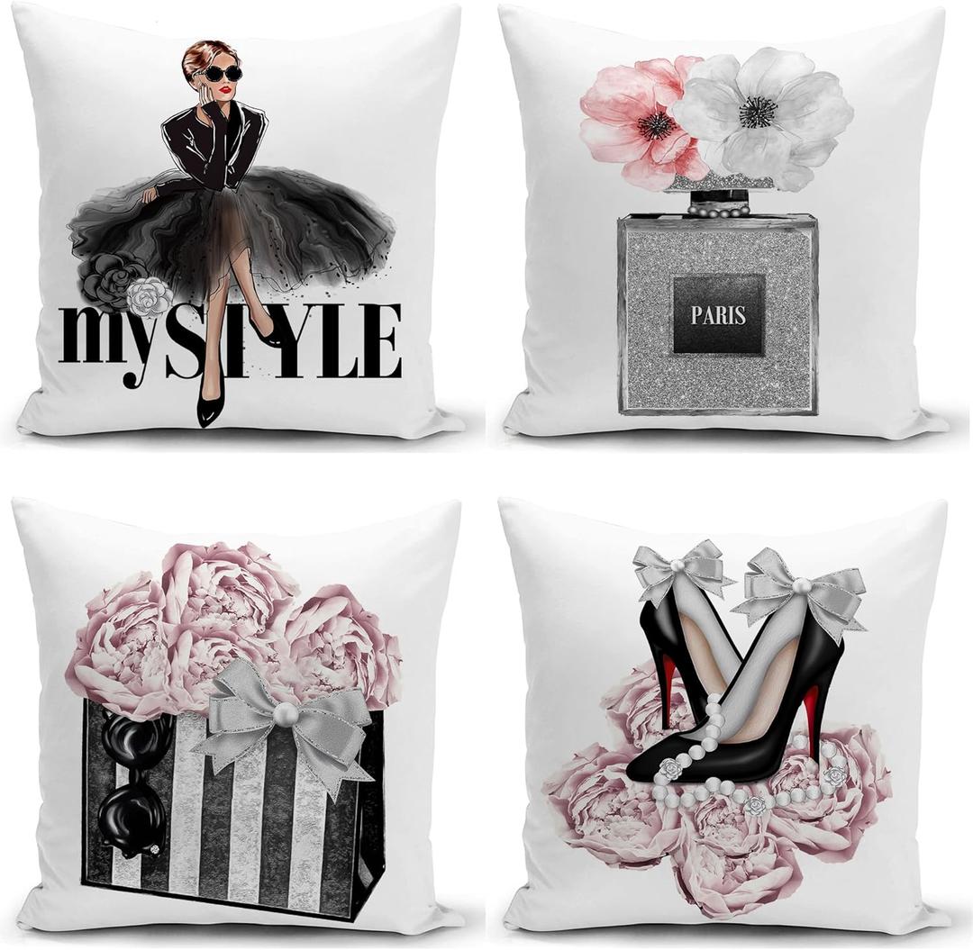 Set of 4 18x18 Pink Throw Pillow Covers Couch Bed Decorative Pillow Covers Fashion Girls Silver Perfume Flowers Cute Accent Pillow Covers Bedroom Black White Velvet Pillowcases (Pink and Gray)