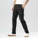 Plaid&Plain Mens Cargo Pants Slim Fit with Contrasting Topstitching and Multi-Pocket (Black)