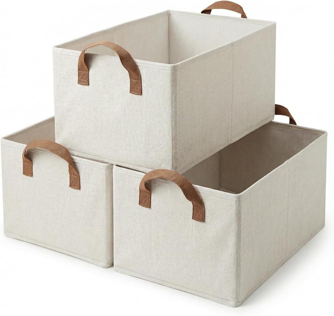 3 Pack Storage Bins Fabric Collapsible Organizers with Handles Sturdy Canvas with PP Board 17.9x 11x 7.9 Beige Foldable Storage Box for Closet Shelves, Books, Toys, Clothes, Office Organization