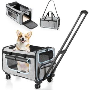 Pet Carrier with Wheels for Cats and Dogs, Pet Bag with Detachable Wheels & Washable Plush Pad, Escape-Proof Zipper & Shoulder Strap, Portable Carrier for Outdoor and Car Travel(Max. 40 lbs)