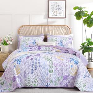 Xruibed Quilt Set Queen Size 3 Pieces Purple Floral Quilt Sets Reversible Bedspreads Bedding Set Soft and Cozy Microfiber Lightweight Quilt Flower Plant Bed Coverlet Sets for All Season(Queen 96"x90")