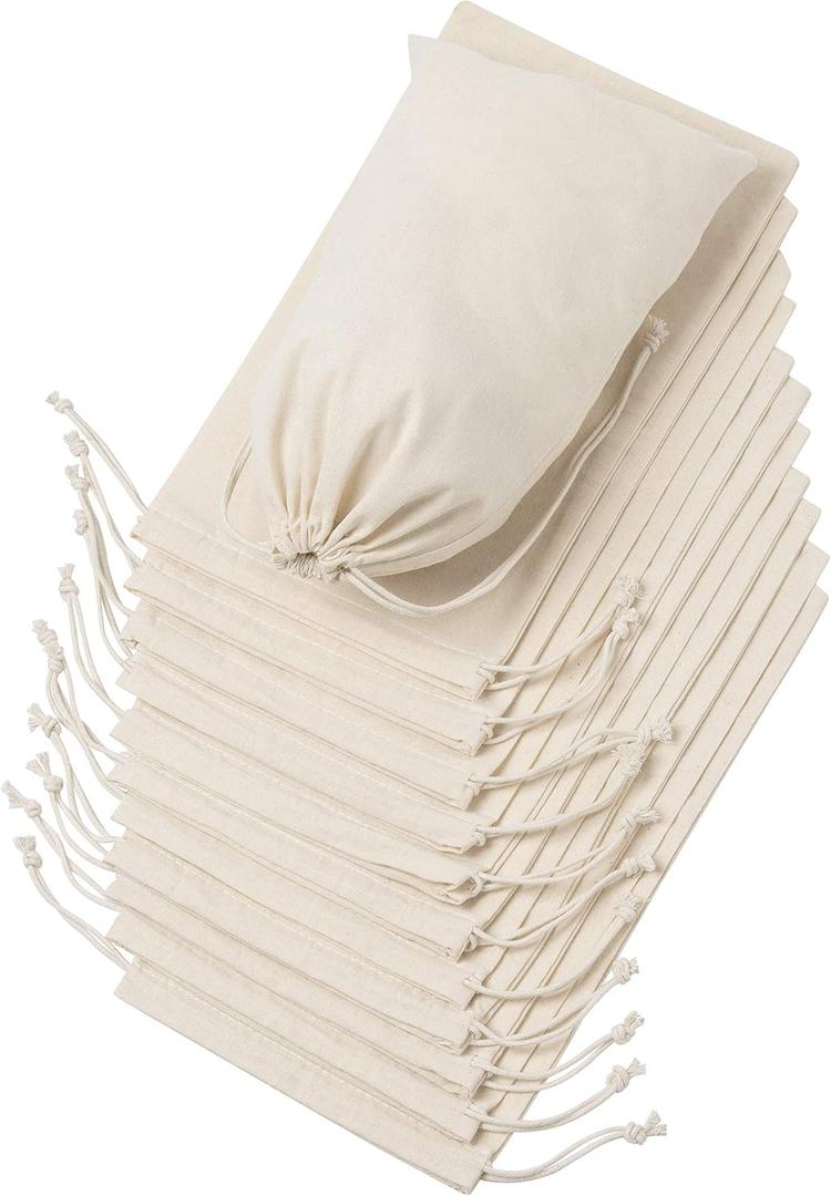 DR 100% Cotton Muslin Drawstring Bags (7x9 Inch - 12-Pack) Unbleached Natural Fabric Favor Pouches with Double String Closure for Gifts Party Wedding Pantry Storage Herbs