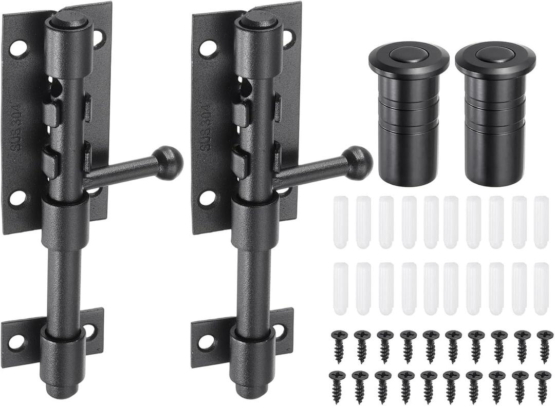 uxcell 2-Pack Slide Bolt Latch, 5 in 304 Stainless Steel Barrel Bolt Latch Heavy Duty Door Latches Lock 10mm Dia Bar with Dust Container for Barn Wooden Fence Shed Door [Black]
