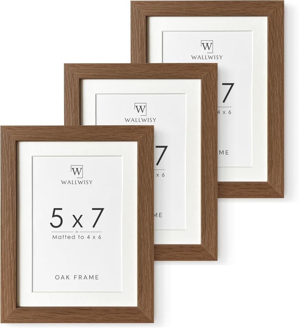 5x7 Picture Frame, Solid Oak Wood 5 x 7 Photo Frame with Mat to 4x6(Openning Size is 3.5x5.5), 7x5 Picture Frames for Wall and Tabletop Display, Natural Oak 5x7 Frame, (Walnut Set of 3)