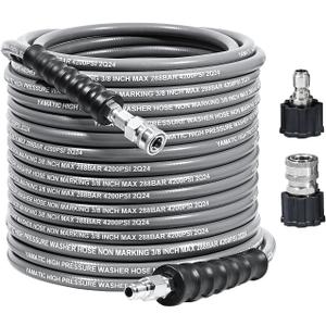 YAMATIC 3/8" Pressure Washer Hose 100FT with Stainless Steel Swivel 3/8" Quick Connect, 4200 PSI Non Marking Rubber Wear Resistant Steel Braided Industry Grade for Hot/Cold Water Gas Power Washer
