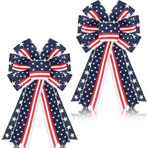 Unittype 2 Pcs Memorial Day Patriotic Bow Red White Blue Wreath 4th of July Star Burlap American Flag Bow for Indoor Outdoor Tree Topper Independence 250th Anniversary Party Decoration(Rustic)