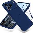 for iPhone 17 Pro Case with Stand, Slim Liquid Silicone Phone Case for iPhone 17 Pro with Wrist Strap Lanyard Shockproof Protective Bumper Cover (Blue)