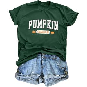 Pumpkin Shirts for Women Cute Thanksgiving Fall Tops Funny Halloween Graphic Tees Autumn Short Sleeve Outfit (Green, XL)
