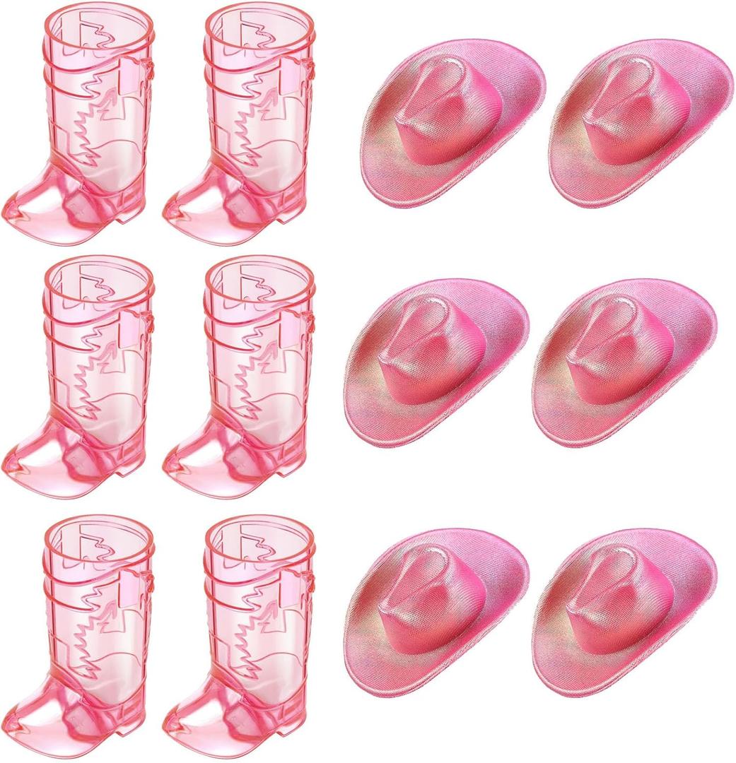 Artlunar Mini Pink Cowgirl Boots Shot Glasses with Pink Hat - Plastic Cute Shot Glasses for Women Western Cowgirl Party Favors