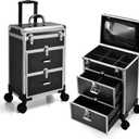 Adazzo Professional Rolling Makeup Train Case with Drawers, Large Cosmetic Trolley with Locks, Cosmetics Storage Organizer Make up Case for Travel Makeup/Nail Art/Hair Styling, Matte Black