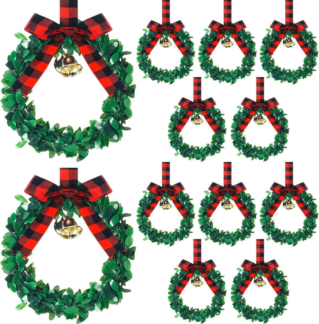 Syhood 12 Pieces 6" Christmas Kitchen Cabinet Wreaths with Ribbon Gold Bells Mini Christmas Wreath Small for Kitchen Window Front Door Xmas Holiday Indoor Home Decor(Red and Black, Fabric)