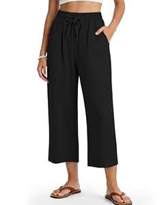 Women's Casual Capris Pants High Waist Pants Drawstring Loose Fit Summer Trousers with Pockets for Beach Vacation Black, XL