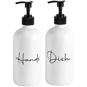 17 oz Hand Soap Dispenser Glass Liquid Dish Soap Bottles, Refillable Empty Lotion Pump Bottles for Bathroom Decor, Kitchen Sink, Matte Design, White, Pack of 2