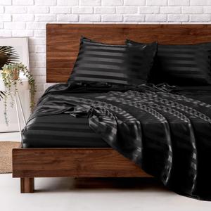 MR&HM Satin Bed Sheets, Queen Size Sheets Set, 4 Pcs Silky Bedding Set with 15 Inches Deep Pocket for Mattress (Queen, Black Striped)