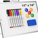 Dry Erase White Board, Cazeyoo Magnetic Desktop Whiteboard 11 x 14inch with Stand, 8 Markers, 4 Magnets and 1 Eraser, Portable Double-Sided White Board for Kids Drawing, Office, Home, School (Metal)