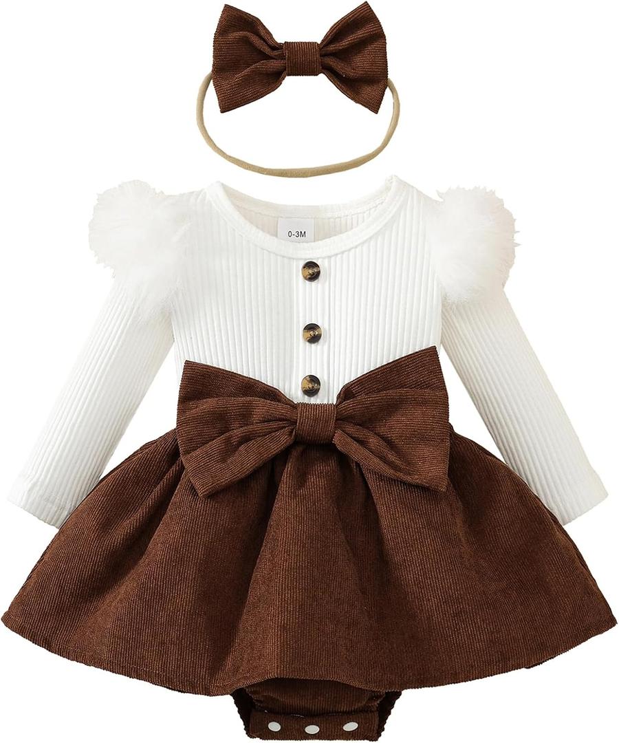 Newborn Baby Girl Spring Outfits Infant Ribbed Romper Dress Ruffle Long Sleeve Clothes Jumpsuit with Bow Headband (6-12 Months, Brown)