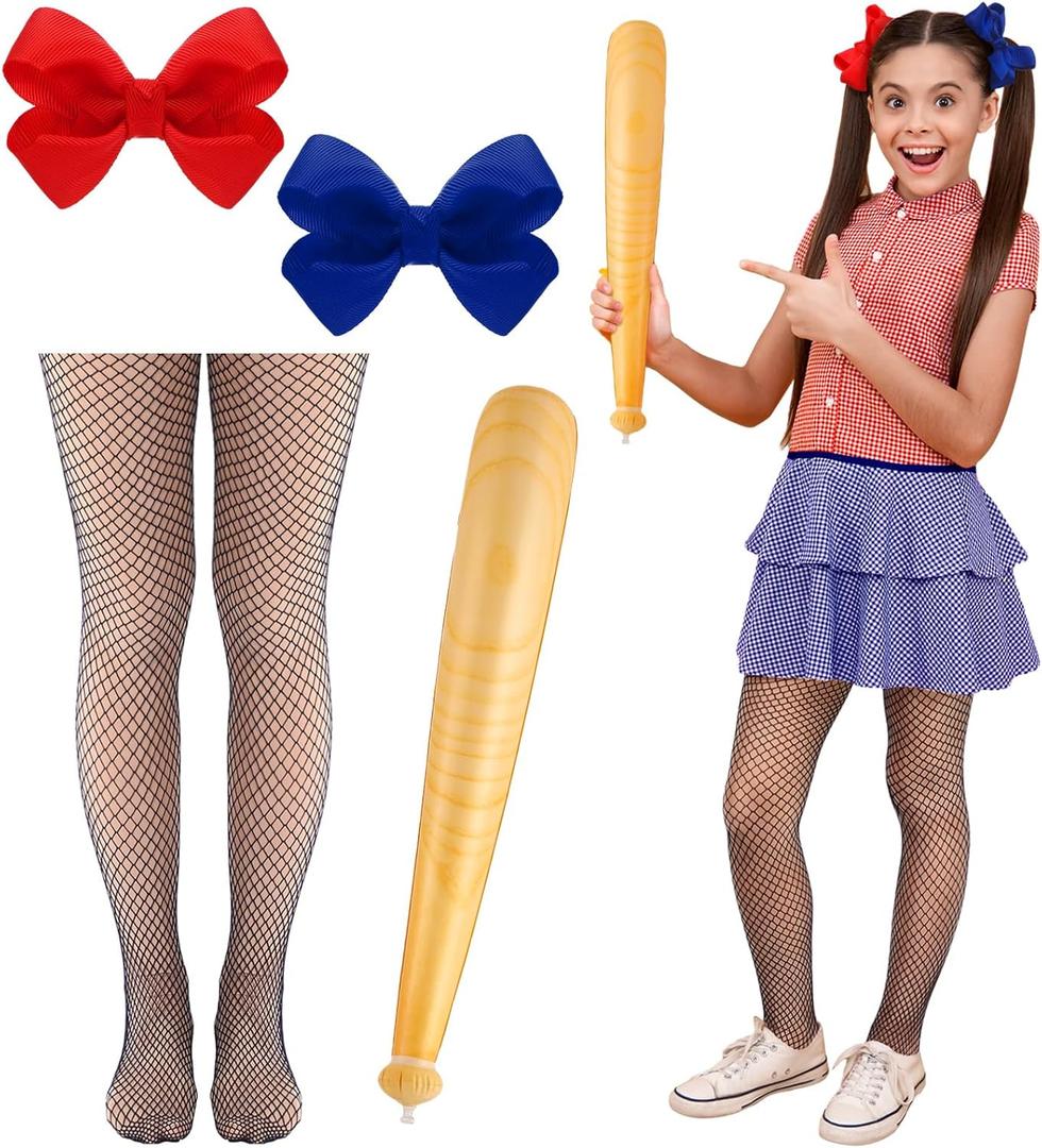Jecery Set of 4 Halloween Clown Costume Cosplay Accessories Halloween Costume Full Uniform Set Cute Party Dress up Cosplay for Themed Parties Bow Hairpin Fishnet Socks Baseball Bat