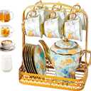 Porcelain Tea Set for Adults, 14Pcs European Ceramic Tea Set Flower Ceramic Tea Cups (6.7oz), Teapot (33.8oz), & Saucers with Metal Holder for Women Tea Party (Light Blue)