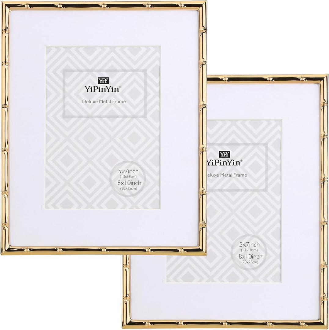 8x10'' Bamboo Detail Gold Metal Picture Frame with Acid Free Mat for 5x7'' Set of 2, Narrow Gold Plated Photo Frames 5 x7'' With Soft Touch Velvet Backing for Desktop and Wall Dcor(Dark Gold)