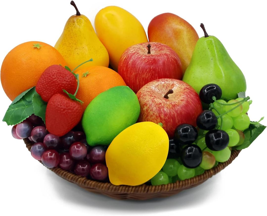 Artificial Fruits Set 17Pcs Fake Fruit Props Plastic Fruit Decoration Lifelike Simulation Fruits Dinner Table Craft for Home Christmas Decor Fake Apples Strawberry Grapes Orange Mango