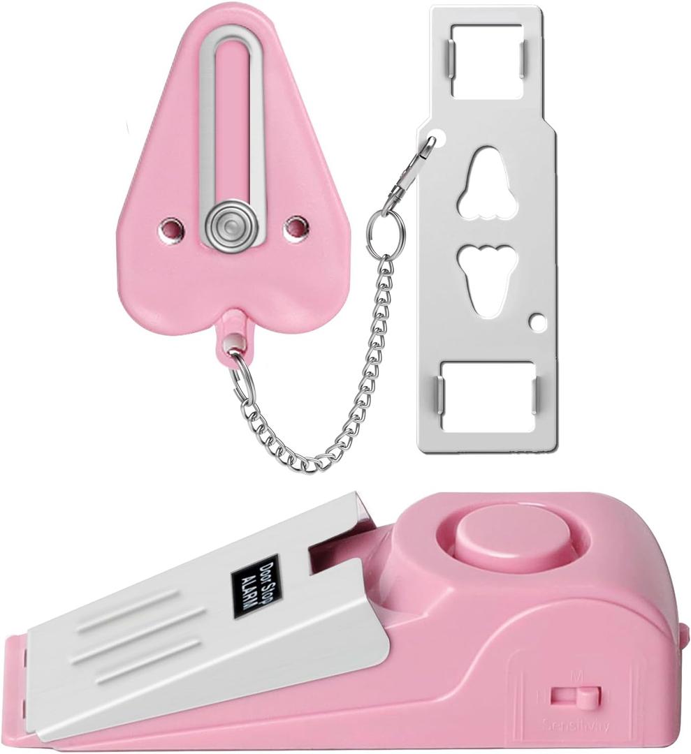 Portable Door Lock & Door Stop Alarm Set, Dual Protection Home Security Door Kit, Travel Hotel Door Lock Devices Pocket Self Defense Tools for Traveling Hotel Home Apartment, Pink
