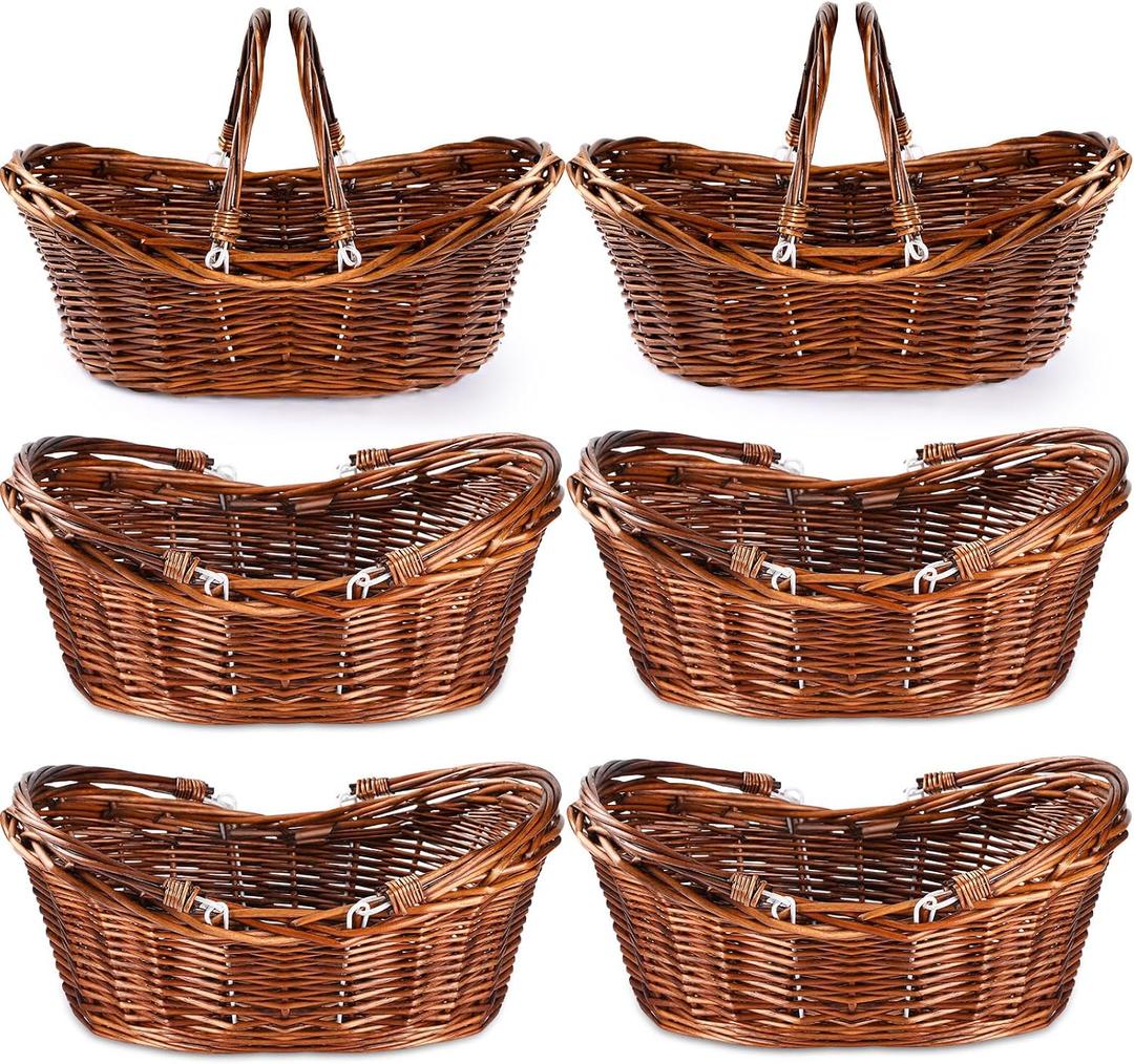 Wesiti 6 Pcs Wicker Picnic Basket with Handle, Hand Woven Harvest Basket Bulk, Wicker Flower Hoppet for Storage, Picnics, Easter, Organizing, Egg Gathering, Candy, Wedding(Dark Brown)