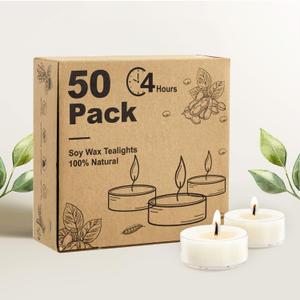 Unscented Soy Tea Lights Candles 50 Pack Bulk, 4 Hours Long Burning White Tea Lights,Non-Paraffin, Smokeless, Mini Tealight Votive Candles for Wedding, Table Centerpiece, Christmas Lights