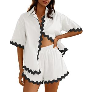 Fixmatti Women Two Piece Summer Sets Short Sleeve Button Down Shirts Short Sets (Large, White Black)