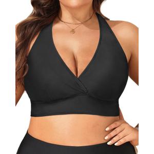 Yonique Women's Plus Size Bikini Tops Only Halter Swimsuit Top Large Bust Swim Top V Neck Bathing Suit Tops Black 18W