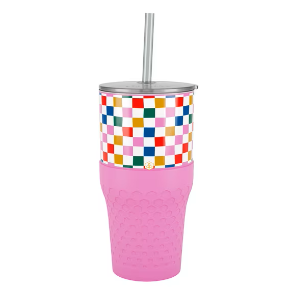 Biddlebee 30oz Insulated Stainless Steel Tumbler with Straw and Silicone Boot, Happy Check
