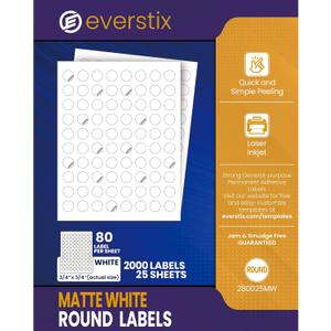 Everstix Printable Round Labels, 0.75" Diameter, 2000 Customizable White Stickers, 25 Sheets, Laser/Inkjet Compatible (3/4 Inch)
