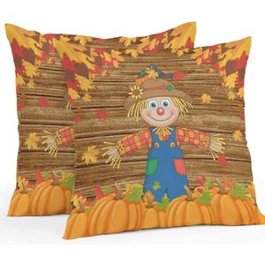 Thanksgiving Scare Crow Outdoor Waterproof Pillow Covers 16x16 Pack of 2 Vintage Pumpkin Leaf Wood Texture Decorative Outdoor Pillow Covers Square Cushion Cases for Patio Furniture Pergola Couch (Yellow Orange)