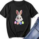Women's Easter Shirts: Bunny Eggs Pattern Casual Round Neck Short Sleeve T-Shirt (L)
