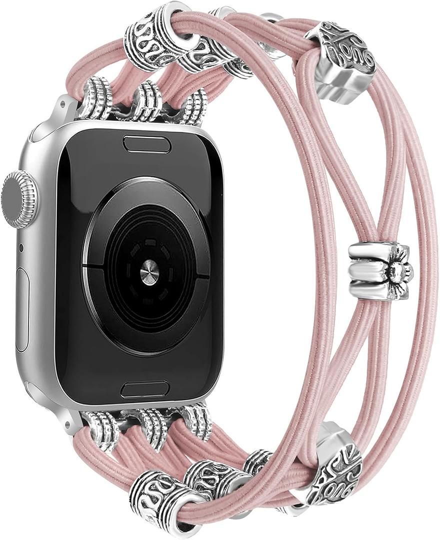 Beaded Bracelet Compatible with Apple Watch Band 41mm 38mm 44mm 42mm 45mm 46mm 49mm Women Boho Braided Solo Loop Nylon Stretchy Dressy Strap for iWatch Serie11/10/9/8/7/6/5/4 SE 3/2/1 Ultra (A Pink Sand)