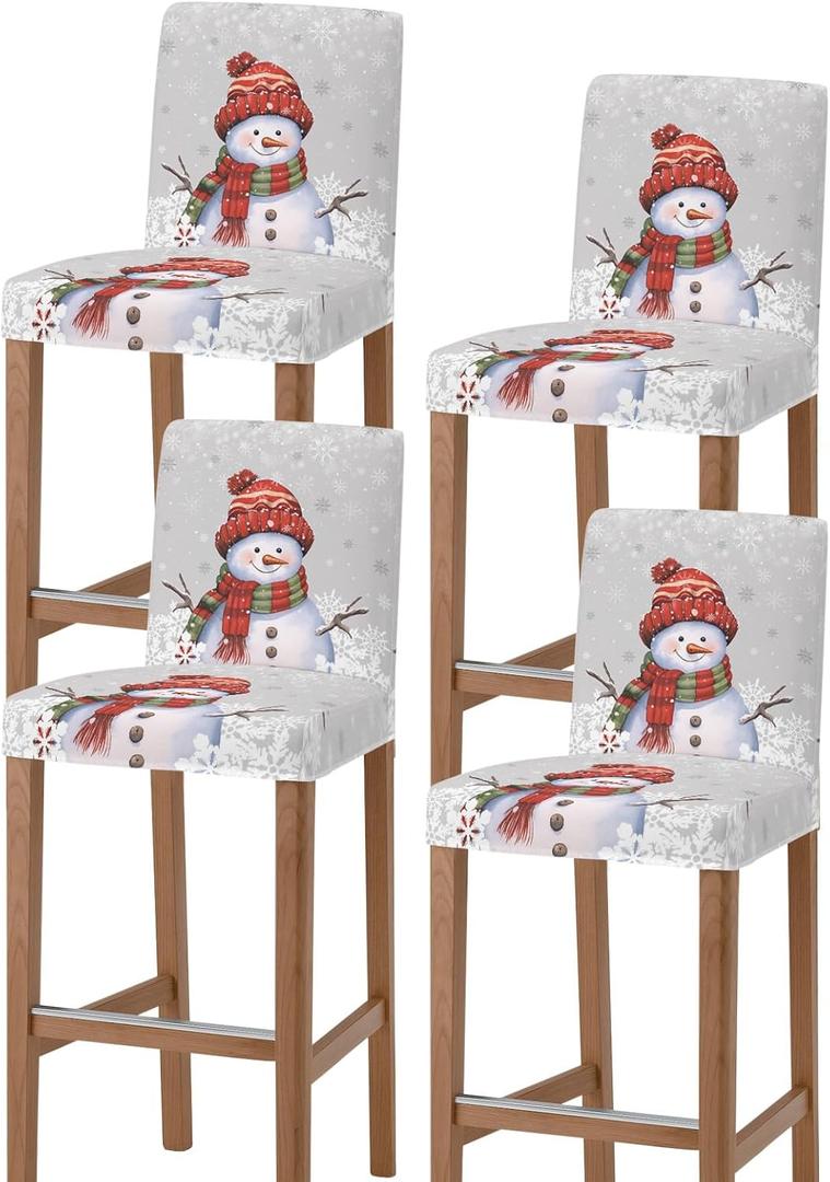 PIEPLE Grey Snowman Bar Stool Cover Set of 4, Christmas Fantasy Forest Winter Snowflake Stretch Removable Bar Stool Chair Covers with Backs Pub Counter Stool Chair Slipcover for Dining Room Cafe