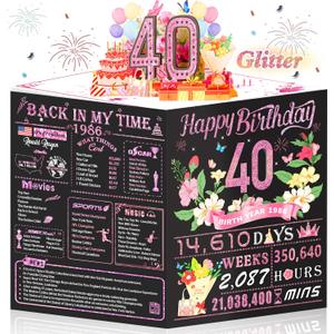 40th Birthday Card for Women,Jumbo Pop Up 40th Birthday Cards for Her Friend,Back In 1986 Happy 40 Year Old Birthday Decorations for Wife Daughter Mom Funny Birthday Gifts,Rose Gold