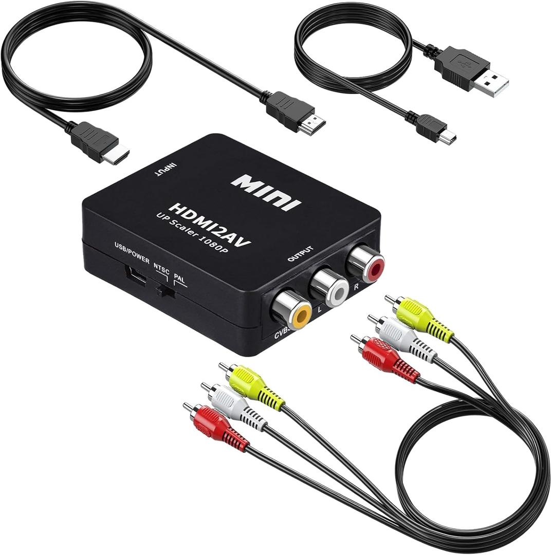 HDMI to RCA Converter with RCA and HDMI Cable, 1080P HDMI to AV 3RCA CVBs Composite Video Audio Adapter Supports PAL/NTSC for TV Stick, Apple TV, PC, Laptop, Xbox, DVD (Black)
