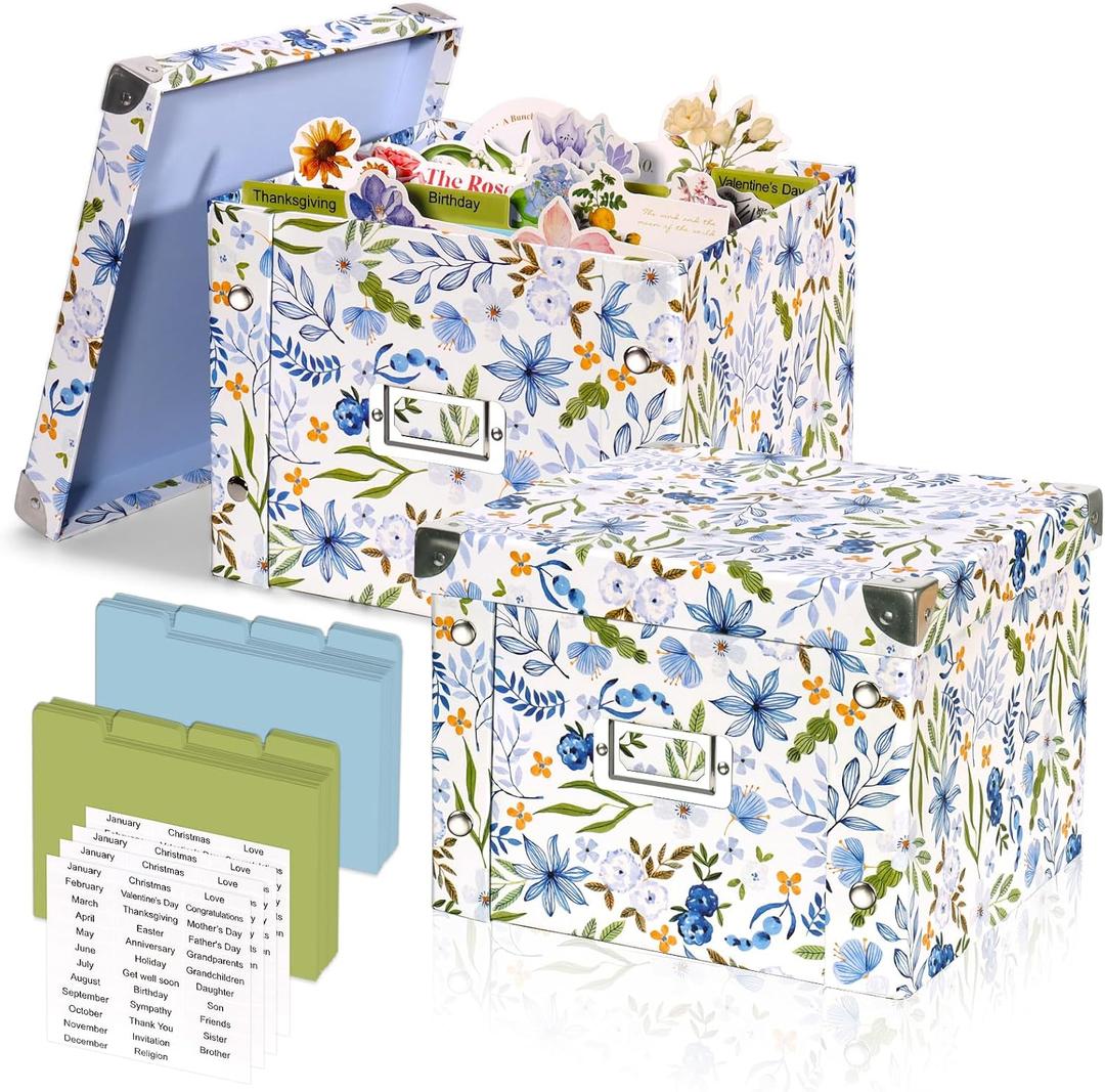 2 Pack Greeting Card Storage Box Collapsible Card Organizer with 16 Dividers and Sticker Greeting Card Keeper for Holiday Birthday Photos Recipes Envelopes Large Cards Crafts Scrapbooking