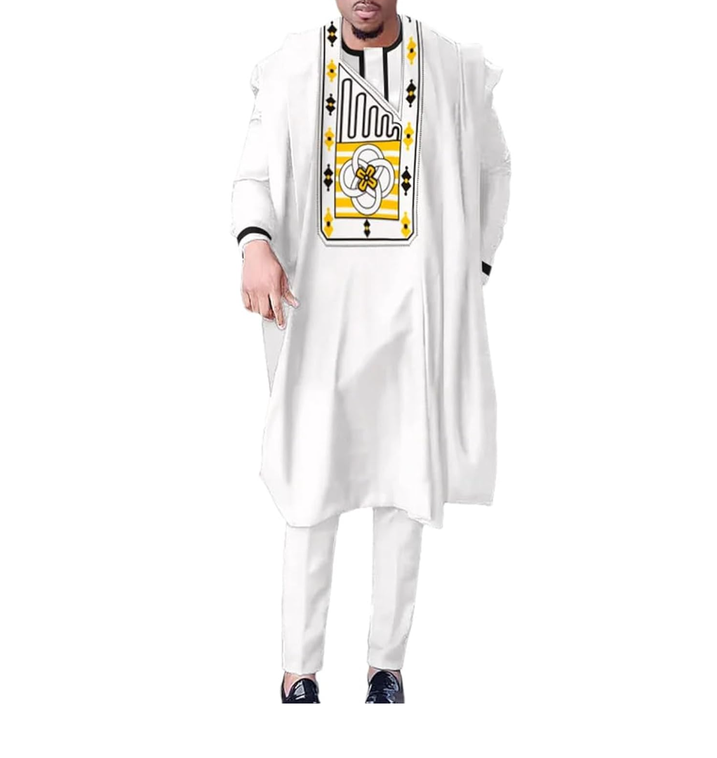 Traditional Dashiki Shirt Pants With Hat 4 PCS Set Wedding Party African Outfits Ankara Dashiki Men Agbada Clothing L (White)
