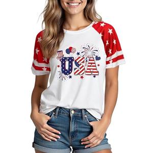 4th of July Shirts Women:USA Color-Blocking Short-Sleeve American Flag Crew Neck Graphic Tee Patriotism T-Shirt, XL